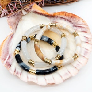 Josie: Set of 3 Neutral Colors Acrylic Tube Bracelets, Acrylic Bracelet Stack, Lucite Stretch Bracelets, Waterproof Bangles | Gifts for Her