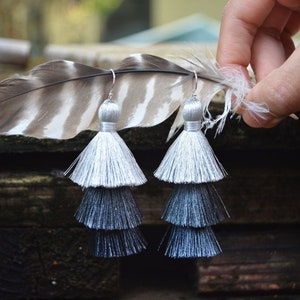 Shades of Gray: Tiered Tassel Earrings with Sterling Silver Findings / Ombre Long Tassel Earring, Dangling Earrings, Long Tassel Earrings