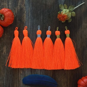Neon Orange, 3&quot; Luxe Silk Tassels, Handmade Jewelry Tassels, Long Tassels, Designer Jewelry Making Supplies / Choose Binding Finish, 2pcs
