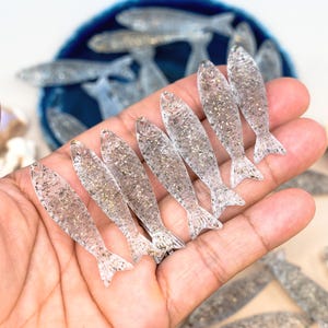 Clear Glitter Fish Charm, 48mm Lucite Resin Fish Pendant | German Vintage Beads, Fisherman Aesthetic, Ocean Jewelry, Nautical DIY Supplies
