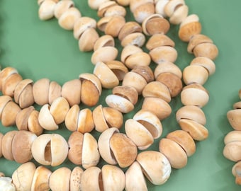 Op de afbeelding: Een close-up van een ketting gemaakt van meerdere strengen lichtbruine schelp kralen. De ketting ligt op een groene ondergrond.