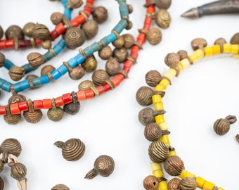 African Jingle Bell: Vintage Antique Brass Bronze Tribal African Baule Jingle Bells, 5 pcs, Mixed Size, Lost Wax Cast Filigree African Beads