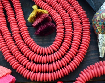 Watermelon Red: Ashanti Glass Beads, 14x5mm, Ashanti Krobo Glass Beads, Spacer Beads, FULL strand or Pack of 10 beads, African Beads