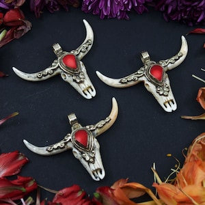 Third Eye: RACHEL Large Bull Skull Pendant with Red Coral Center Stone, 3&quot; wide, 1 pend. / Carved Bone Pendant, Nepali Jewelry, Boho Jewelry