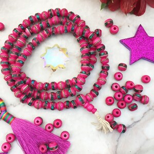 Yak Bone Beads: Hot Pink, 8mm Inlaid Bone Beads from Nepal, 10 beads / Coral, Turquoise and Wire Inlay, Ethnic Beads, Malas and Prayer Beads