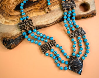 Daisy: Turquoise Blue Acai Beads Necklace and Acai Palm Wood, Natural Seeds, Eco-Friendly Sustainable Jewelry, Gifts for Mom, Gifts for Her