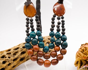 Katie: Handmade Necklace from Acai beads, Tagua Slices, and Bombona Seeds, with Leather Tie / Boho Jewelry, Gifts