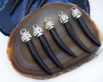 Black Bone Pendant with Silver Flower Bezel, 55mm Tusk Pendant (1 Piece)