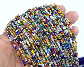 Blue Tone Christmas Beads: Tiny Multi-Color Vintage Christmas Ghana Glass Beads, 2mm assorted, 36" strand / Xmas Beads, African Glass Beads