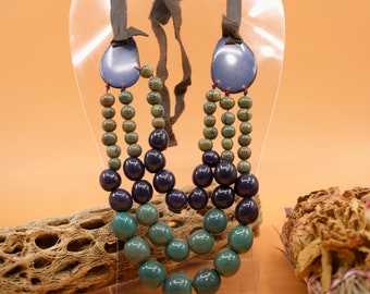 Katie in Blue: Handmade Necklace from Acai beads, Tagua Slices, and Bombona Seeds, with Leather Tie / Boho Jewelry, Gifts