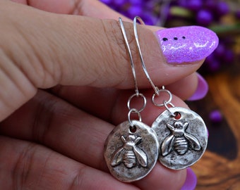 Little Bee in Silver: .999 Silver and Sterling Silver Bee Charm Earrings / Handmade Jewelry, Nature Inspired Jewelry, Gifts