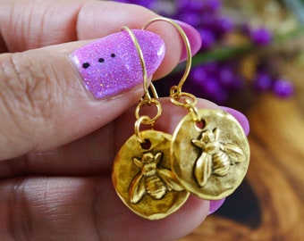 Little Bee in Gold: 24K Gold Bee Charm Earrings / Handmade Jewelry, Nature Inspired Jewelry, Gifts