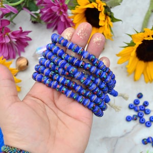 Yak Bone Beads: Royal Blue, 8mm Inlaid Bone Beads from Nepal, 10 beads / Coral, Turquoise and Wire Inlay, Ethnic Beads, Prayer Beads