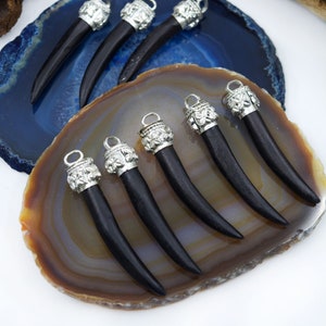 Black Bone Tusk with Silver Flower Bezel, 55mm / Tribal Jewelry, Bone Pendants, Bone Tusks, Boho Jewelry, Tooth Pendant / Supplies