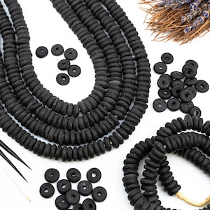 Matte Black: Ashanti Glass Beads, 14x5mm, Ashanti Krobo Glass Beads, Spacer Beads, FULL strand or Pack of 10 beads, Rondelle African Beads
