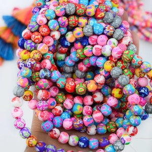Flowers: Multicolor Flower Round Polymer Clay Beads, 8 & 10mm / Round Polymer Beads, DIY Jewelry Making Beads, Jewelry Supplies
