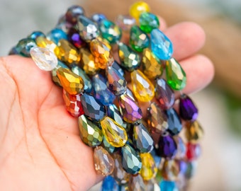 Crystal Magic: Multicolor Electroplated Teardrop Glass Beads, 10x15mm, 16" strand (28 pieces) / Briolette Crystal Beads, Glass beads, Supply