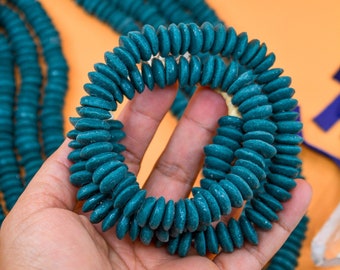 Deep Teal Blue: Ashanti Glass Beads, 14x5mm, Ashanti Krobo Glass Beads, Spacer Beads, FULL strand or Pack of 10 beads, African Beads