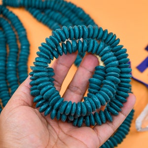 Deep Teal Blue: Ashanti Ghana Glass Beads, 14x5mm, 120+ Rondelle Spacer Beads FULL strand or Pack of 10 beads, Krobo Glass Beads, Large Hole Glass Beads, African Beads, Beads for Jewelry and Craft DIY Bead Supplies