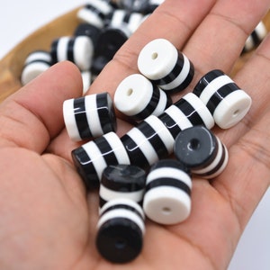 Black and White Color Block Acrylic Tube Beads – 14x15mm Lucite Barrel Beads – Set of 5 for DIY Jewelry and Crafting