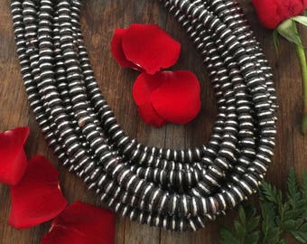 Dark Ebony: African Ebony Wood Beads, Inlaid with Aluminum Wire, 10-12mm, 90-100 beads, Handmade in Senegal / African Beads, Jewelry Suppliy