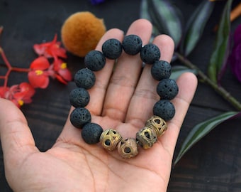 Beautiful Natural Lava Rock Stone Bracelet with African Brass Ashanti Beads / Lava Rock Gemstone Bracelet, Bohemian Jewelry, Aromatherapy