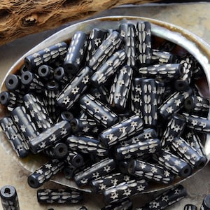 Stars & Drops, Carved Black Bone Beads, 8x25mm, 10 beads / Beads for Malas, Macrame, Yoga Jewelry, Bohemian and Tribal, Jewelry Supply