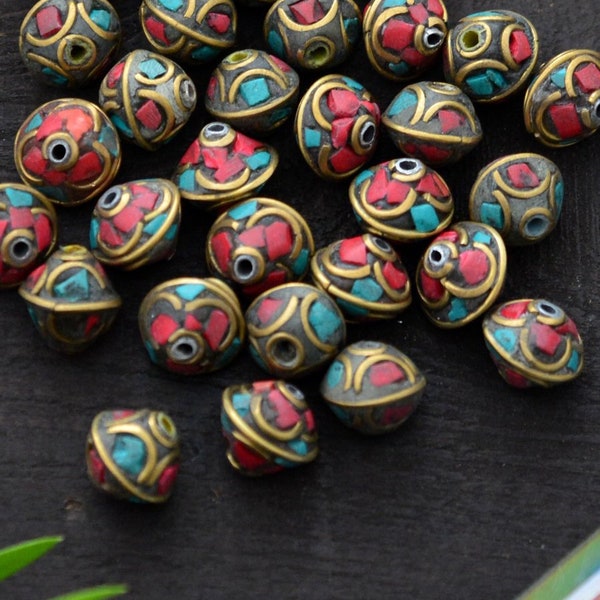 Saucer Nepali Beads: 12x10mm inlaid with Turquoise and Coral on Brass, 2 beads / Tibetan, Himalayan Jewelry, Yoga, Malas, Supplies