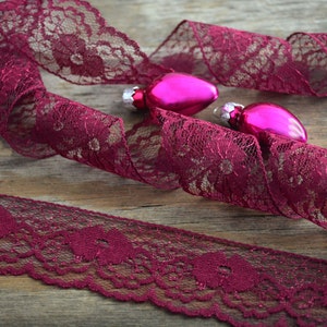 Dentelle florale de velours rouge/ruban délicat bordeaux, bordure, 37 mm de large (1,5 po.)