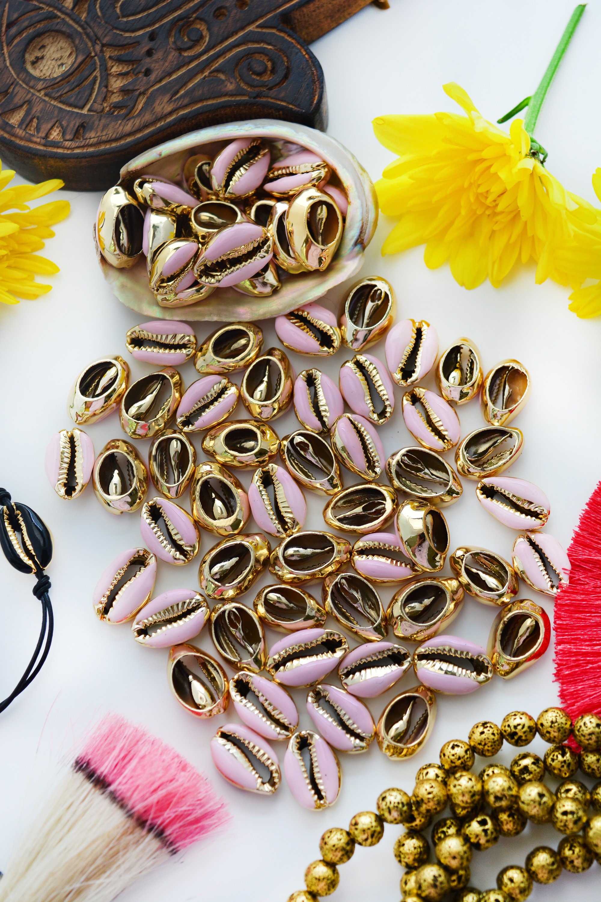 Plated Shells Light Pink Enamel Cowrie Shell – 1 Shell, Gold-plated Shell Charm for ...