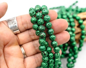 Cuentas de lava de titanio verde esmeralda metálicas – 8 mm, redondas, 44 cuentas / tira de 38 cm