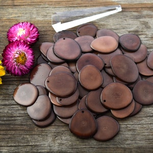 Tagua Nut Thin Slices: Chocolate Brown Tagua Slices *top drilled* 10pcs / Vegetable Ivory, Organic beads, Tagua nuts / Jewelry supplies
