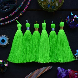 Neon Green: 3&quot; Luxe Silky Tassels with Braided Long Loop, 2 Tassels / Handmade Jewelry Tassels in Silver, Gold, and Solid Binding