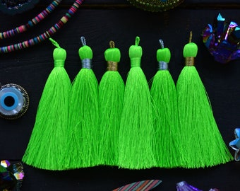 Neon Green: 3" Luxe Silky Tassels with Braided Long Loop, 2 Tassels / Handmade Jewelry Tassels in Silver, Gold, and Solid Binding