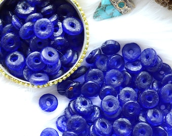 Meditteranean Blue: 10 pcs Ghana Krobo Saucer Glass Beads, 10x2.5mm /  Sand Casted Glass Donut Beads, African Rondelle Spacer Beads, Saucers