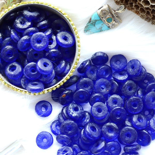 Meditteranean Blue: 10 pcs Ghana Krobo Saucer Glass Beads, 10x2.5mm /  Sand Casted Glass Donut Beads, African Rondelle Spacer Beads, Saucers