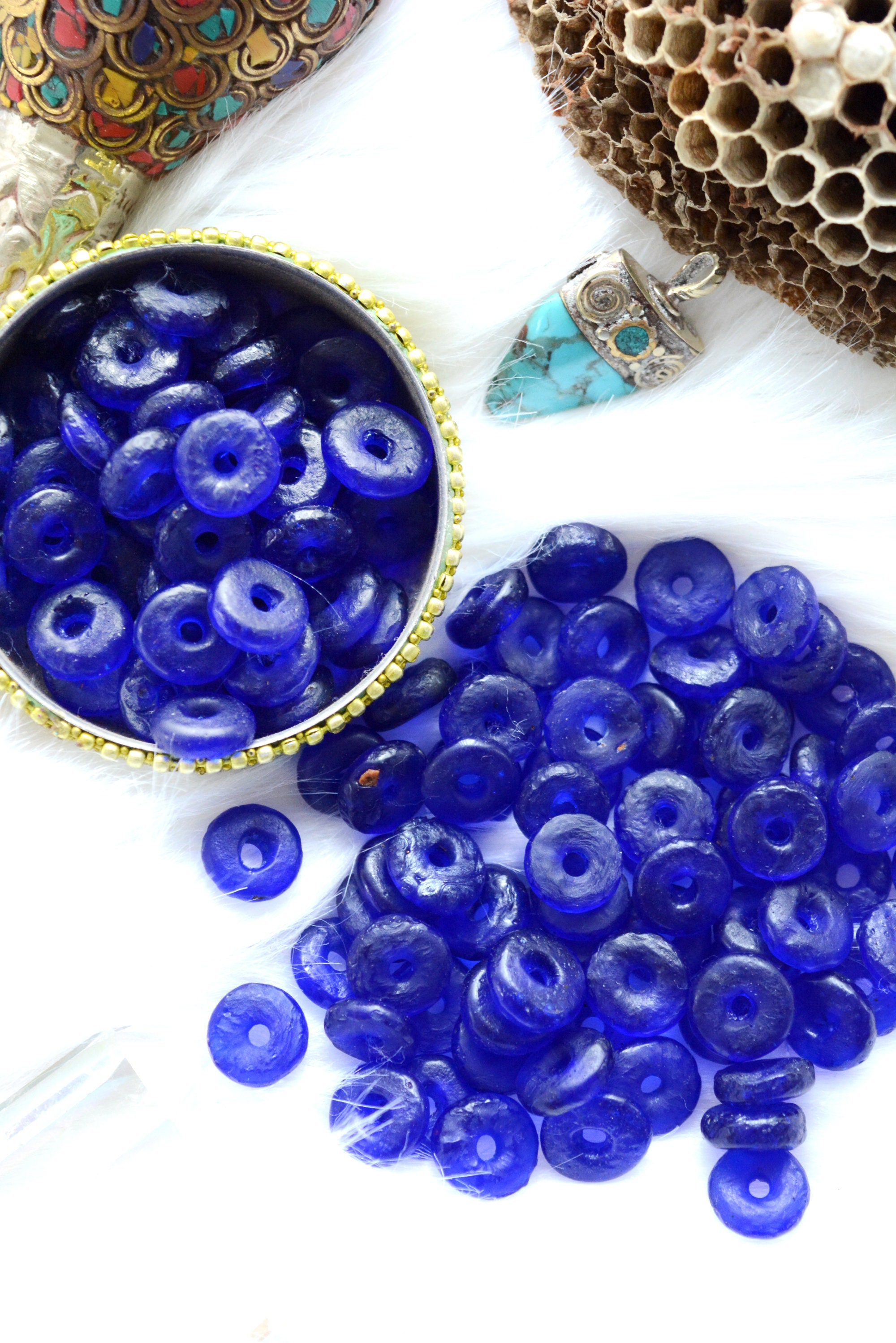 Collier Africain Choker Perles De Verre Bleu Lapis Lazuli - Artisanat Ghana Peuple Krobo
