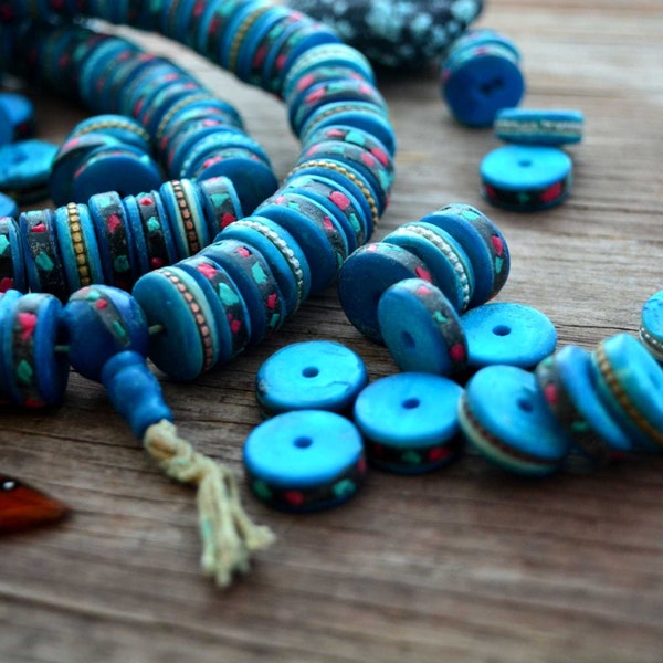 Turquoise Blue: 15mm Rondelle Bone Beads inlaid with Turquoise, Coral and Wire, 10 beads from Nepal, Bohemian, Tribal, Jewelry Supplies