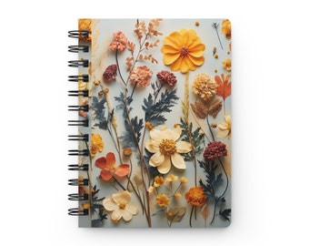 Pressed Flowers: Glossy Laminated Journal Cover with Spiral Loop Wire in 5x7 size Daily Journaling or Diary Beekeepers Journal Notebook