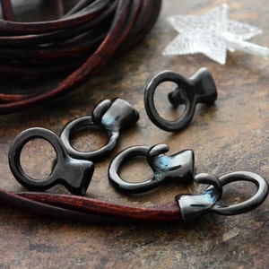 Gunmetal Black Hook and Loop Leather Clasp for Round Leather: 24x10mm Jewelry Closure