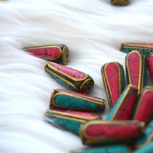 Tear Drop Nepali Beads | 8x20mm Brass Beads Inlaid with Turquoise & Coral | Handmade in Nepal | Set of 2 Beads | Tibetan Jewelry Supplies
