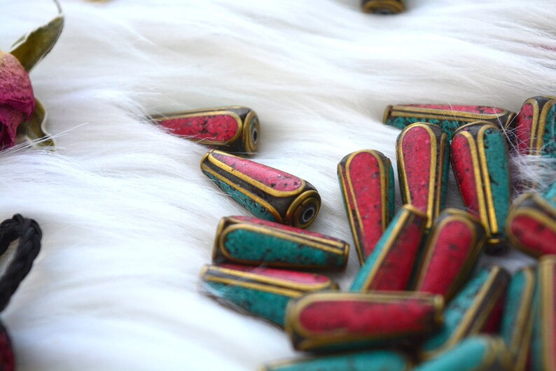 Tear Drop Nepali Beads | 8x20mm Brass Beads Inlaid with Turquoise & Coral | Handmade in Nepal | Set of 2 Beads | Tibetan Jewelry Supplies