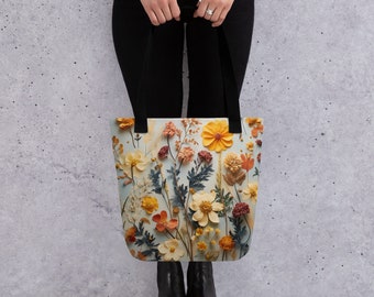 Pressed Flower Tote Bag: Multicolor Printed Flower Tote Nature Inspired Bag Gift for Her, Pick Handle Color, Bags, Market Tote