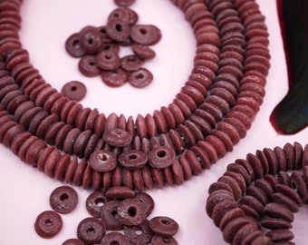 Burgundy Red: Ashanti Krobo Glass Beads, 14x5mm, 120+ Rondelle Spacer Beads FULL strand or Pack of 10 beads, / Large Hole Craft DIY Beads