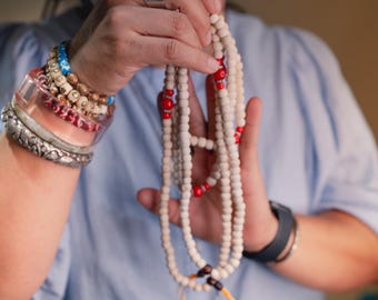 White and Red Mala: 108 Wood Tibetan Prayer Beads, Rosary, Prayer Mala for Meditation, Yoga Accessories, Yogi Necklace, Buddhist, Supplies