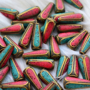 Tear Drop Nepali Beads | 8x20mm Brass Beads Inlaid with Turquoise & Coral | Handmade in Nepal | Set of 2 Beads | Tibetan Jewelry Supplies