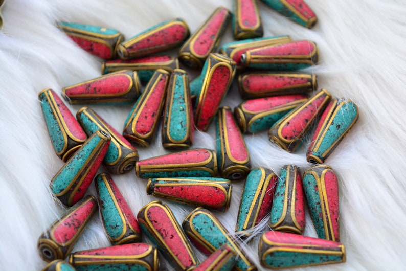 Tear Drop Nepali Beads | 8x20mm Brass Beads Inlaid with Turquoise & Coral | Handmade in Nepal | Set of 2 Beads | Tibetan Jewelry Supplies