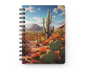 Blooming Desert: Whimsical Cactus Glossy Laminated Journal Cover Spiral Loop Wire in 5x7 size Daily Journaling Diary Journal Notebook