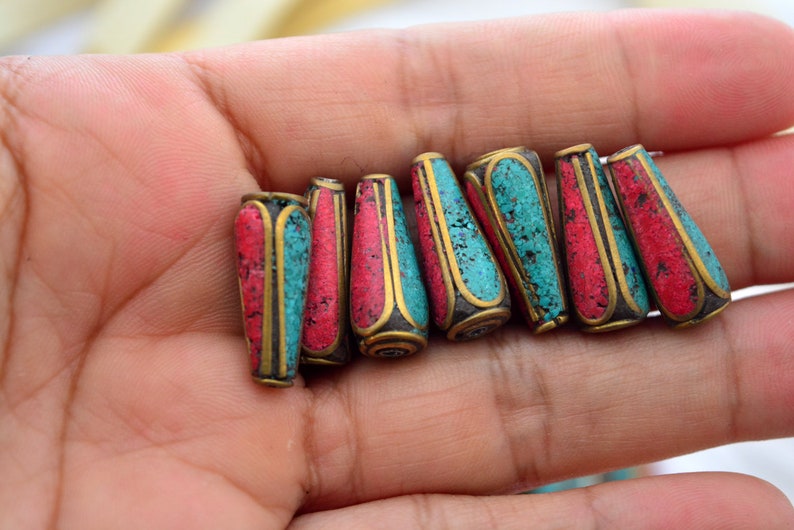 Tear Drop Nepali Beads | 8x20mm Brass Beads Inlaid with Turquoise & Coral | Handmade in Nepal | Set of 2 Beads | Tibetan Jewelry Supplies