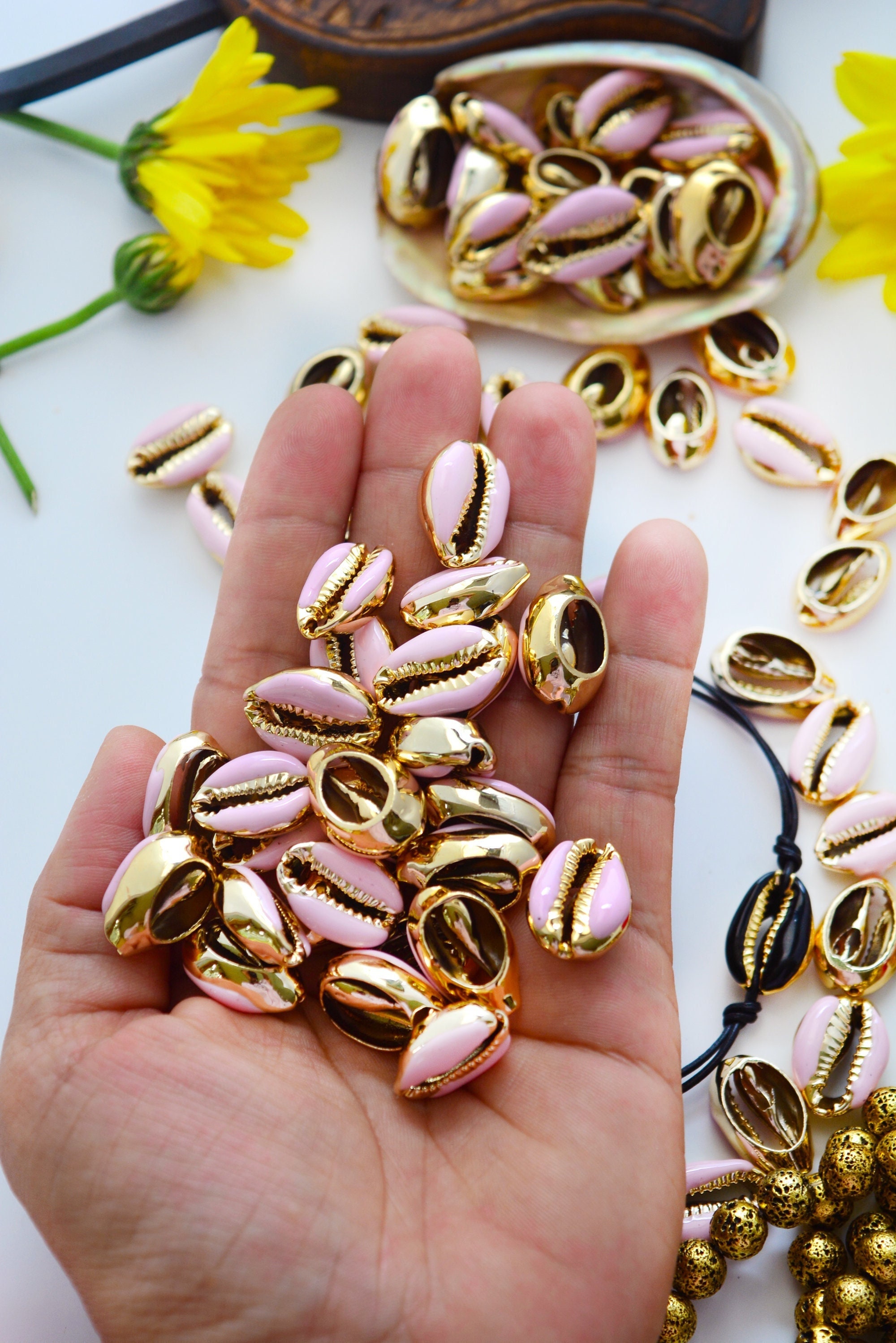 Plated Shells Light Pink Enamel Cowrie Shell – 1 Shell, Gold-plated Shell Charm for ...
